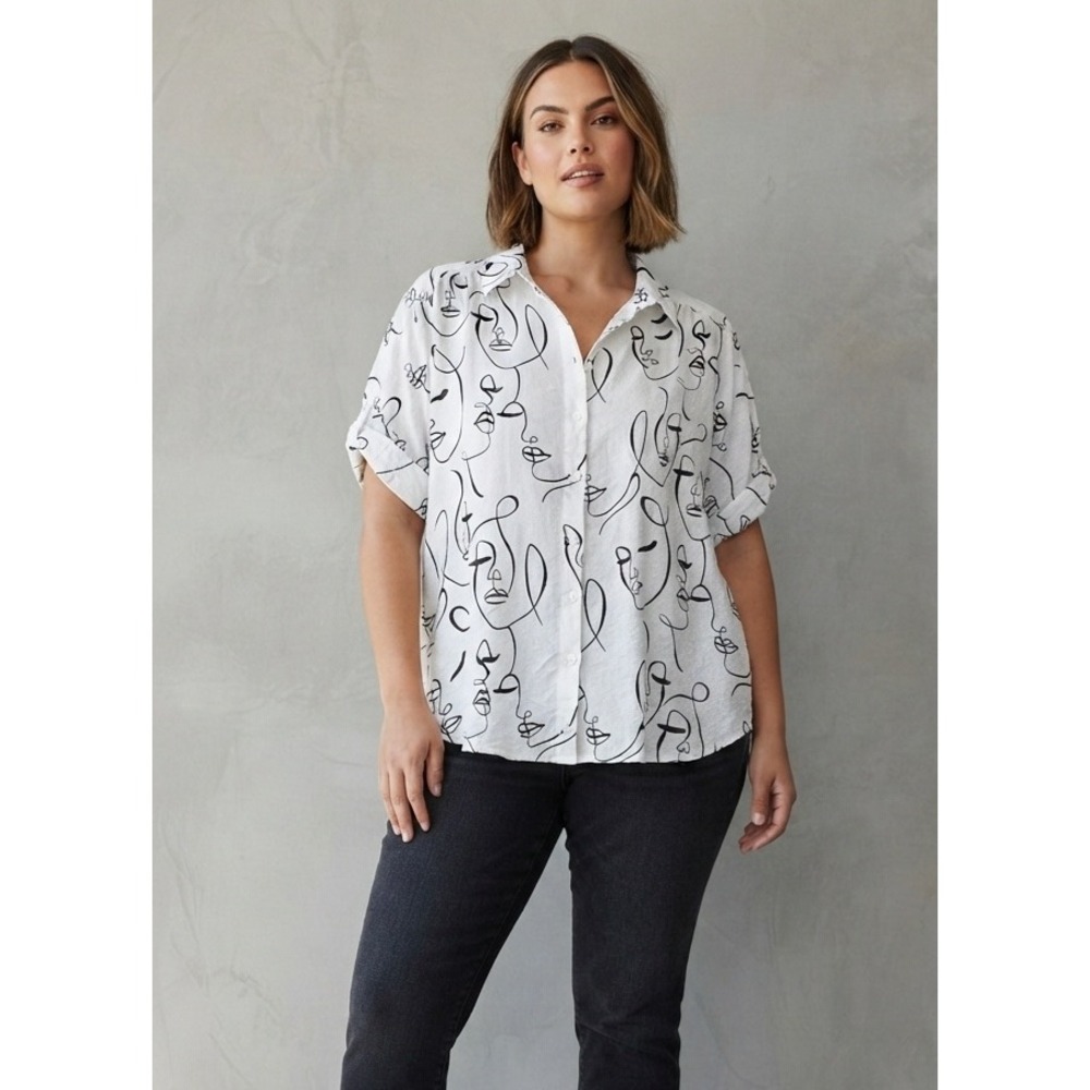 Jane + Delancey Line Art Face Print Button Down Shirt White‎ Black 2X
